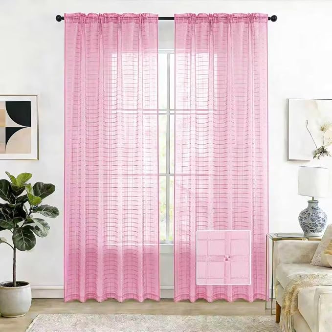 SpaceDresser Check Sheer Curtains 108 Inches 2 Panels Set, Rod Pocket Plaid by SpaceDresser