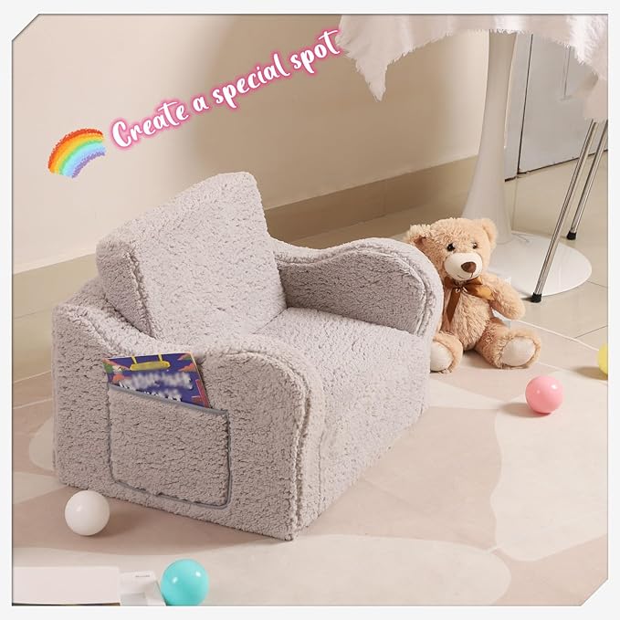 Kids Chairs for Toddler, 2-in-1 Toddler Soft Sherpa Couch Fold Out, Convertible Sofa to Lounger for Girls and Boys, Grey
