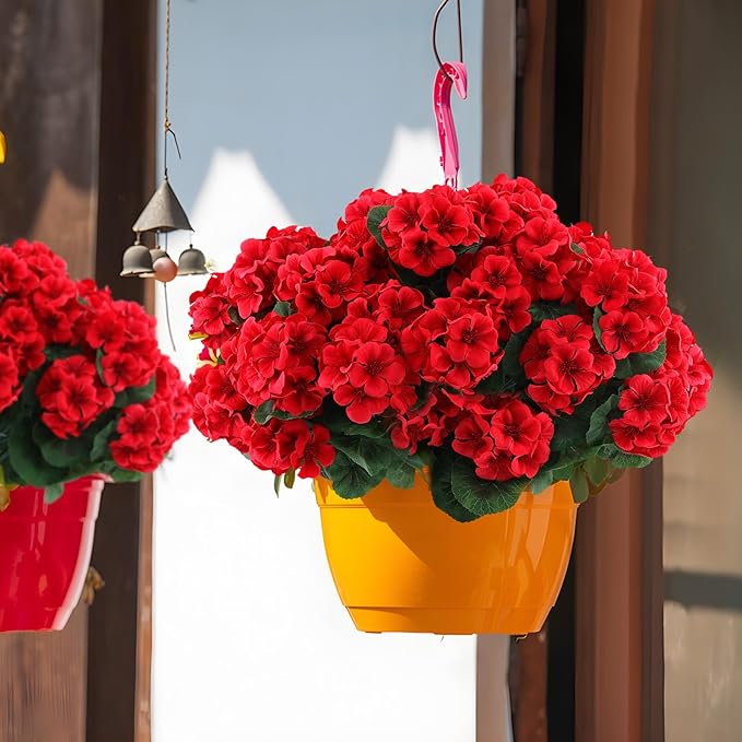 Hananona 6 Bundles Artificial Geranium Flowers for Outdoors Silk Geranium Flowers Outdoor UV Resistant Garden Plants Faux Flower for Home Kitchen Table Centerpieces Decor (6, Red)