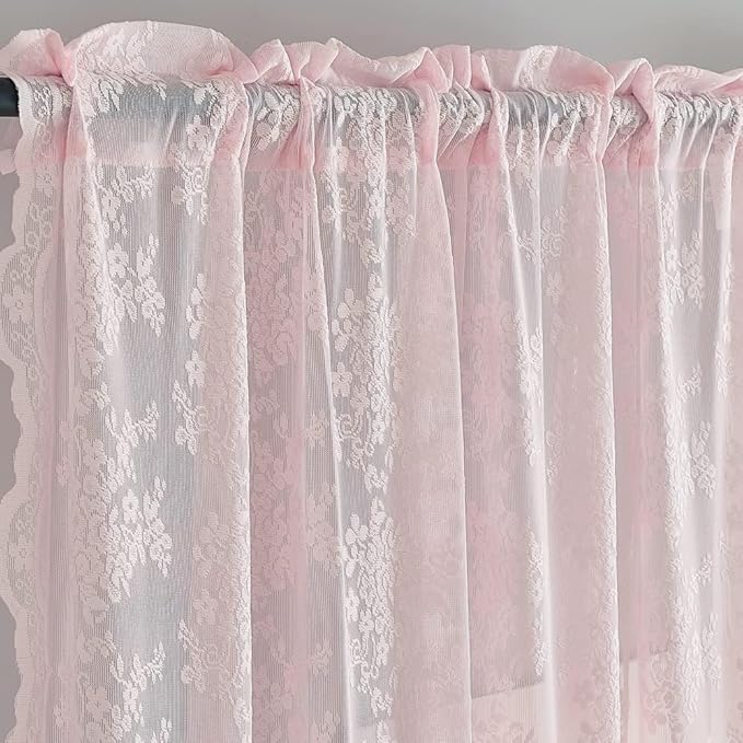 YJ YANJUN Vintage Lace Curtains 108 inches Long 2 Panels Cute Floral Pink Sheer - Image 4
