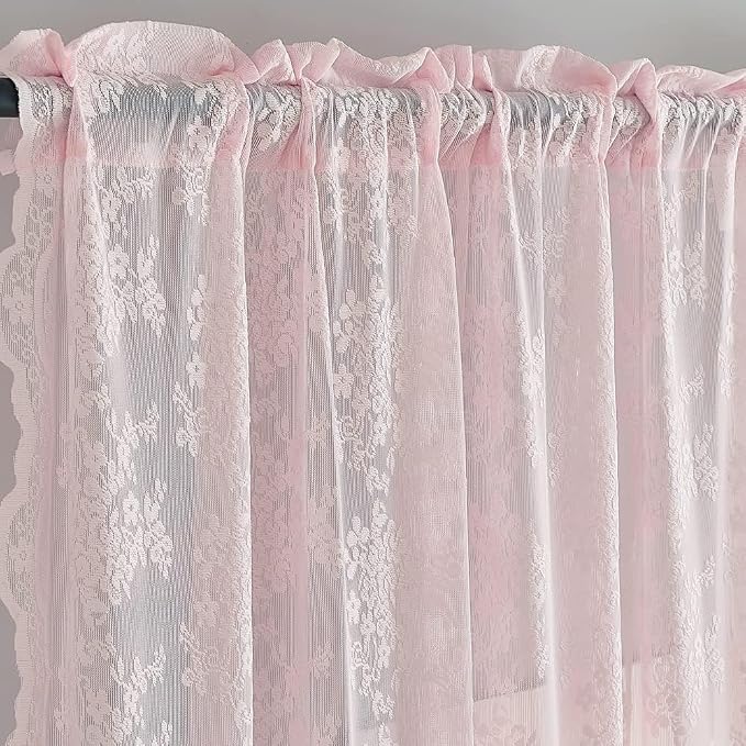 YJ YANJUN Vintage Lace Curtains Pink Boho Floral 80 Inch Curtains - Image 2