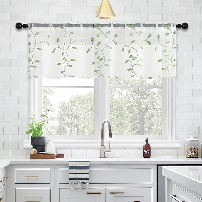 MRTREES Sheer Voile Curtain Valances, Leaves Embroidered Valance Curtains Rod - Image 6