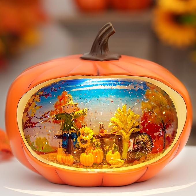 Fall Decor Snow Globe Lighted Pumpkin Thanksgiving Decoration Swirling Glitter Snow Globes Pumpkin Table Accent for Fall Harvest Day Decorations,Pumpkin&Scarecrow