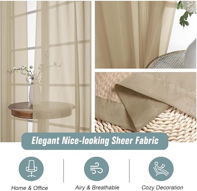 Taupe Window Sheer Curtains 45 Inches Length, Voile Short Curtains - Image 4