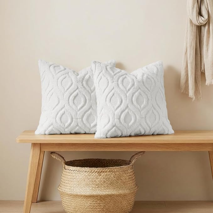 decorUhome Throw Pillow Covers 24x24 Inch Set of 2, Soft Plush Faux Wool White - Image 4