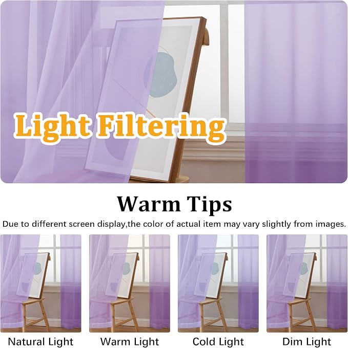 Gwine Lilac Sheer Curtains 96 Inches Long 2 Panels, Elegant Window Treatments - Image 5