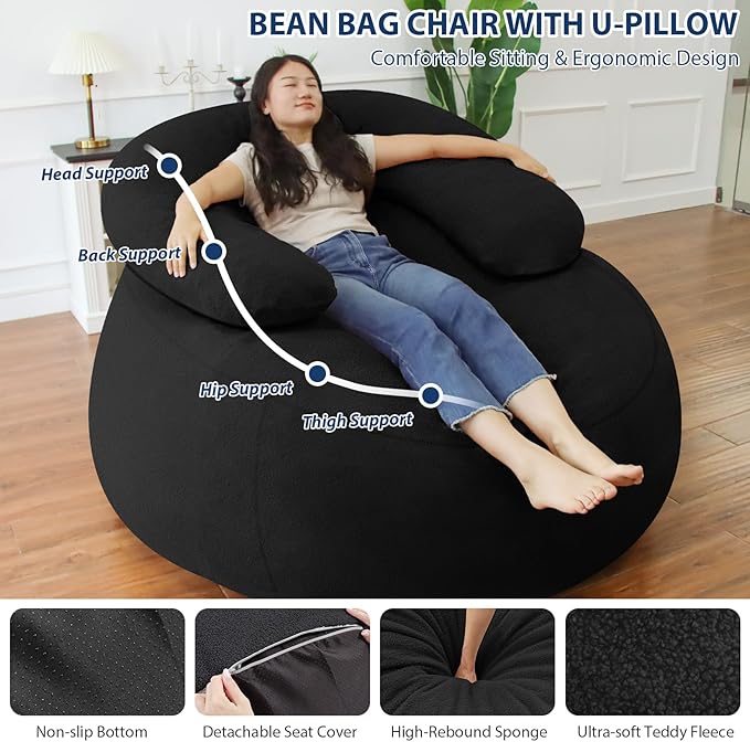 HABUTWAY Bean Bag Chair with U-Shaped Pillow for Adult and Kids Big BeanBag Chair with Filling Ultra Soft Teddy Fleece Couch Chair with Washable Cover for Living Room Bedroom Office, Black & Black
