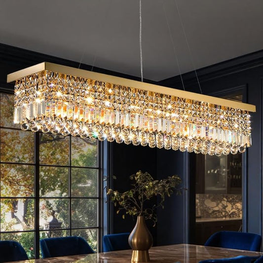 10 Lights Modern Crystal Chandelier, Gold K9 Rectangle Rectangular Chandeliers,Luxury Flush Mount Pendant Ceiling Light for Dining Room Kitchen Island L47''xW10''xH10''