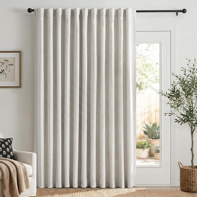 Linen Textured Total Blackout Sliding Door Curtains 90 Inches Long, Thermal by 100BlackoutShield