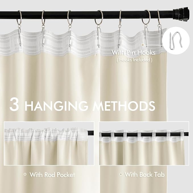 MIULEE Birch Back Tab Blackout Curtains 52x90 Inch Long 2 Panels Set | Rod - Image 3