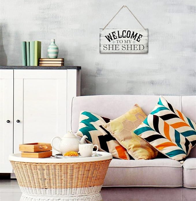Welcome To My She Shed Decor Sign, Printed Wood Wall Art Sign, Funny Bar Signs for She Shed Room Decor, Hanging Wood Sign Home Decorative, Rustic Farmhouse Welcome Wood Sign Decor Wall Art 12x6 in