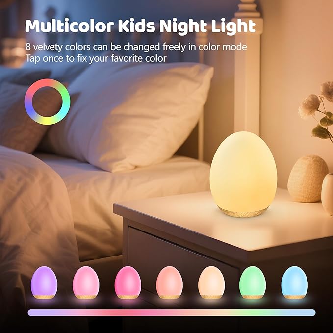 MediAcous Night Lights for Kids Room, Baby Night Light with 7 Colors Changing & Dimming Function, Rechargeable Kids Night Light with 1 Hour Timer & Touch Control, Up to 100H, Wood Grain