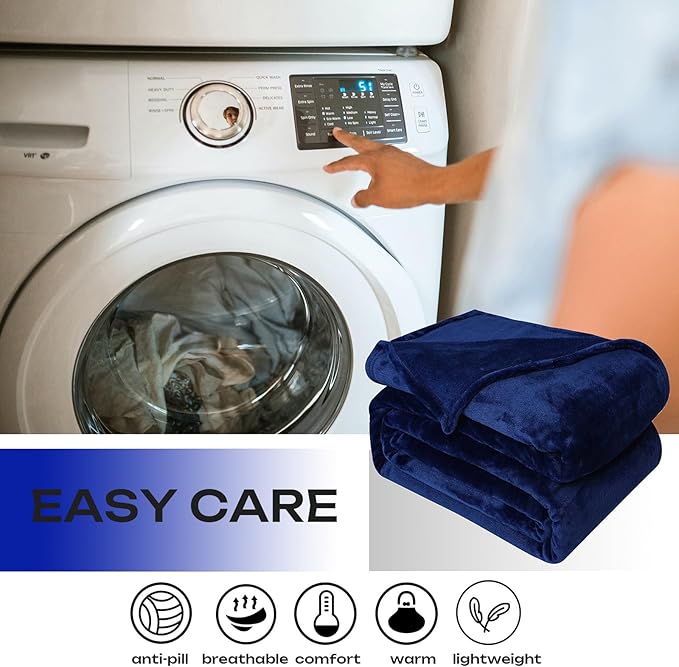 Fleece Plush Throw Blanket Navy Blue 108"x90""for Couch Fuzzy Cozy Flannel | - Image 4