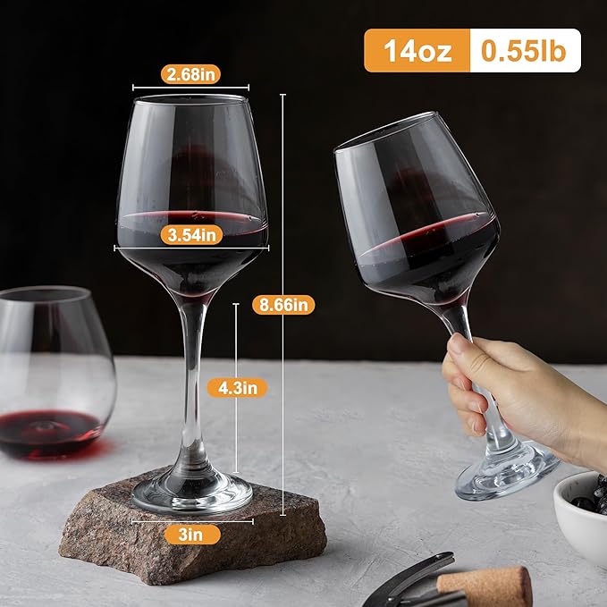 Clear Wine Glasses Set of 6-14oz Long Stem Wine Glass, Pretty Crystal Glassware, Hand Blown Goblets Drinkware, Unique Stemware Wine Glass Holiday Gift Set