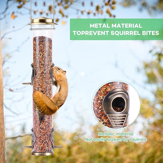 MIXXIDEA 1PK Metal Bird Feeders with 6 Feeding Ports,Tube Bird Feeder with Steel Hanger,Hard Plastic Wild Bird Feeder for Outdoors Hanging, Attracting Birds in Your Lawn, Garden, Balcony–Bronze