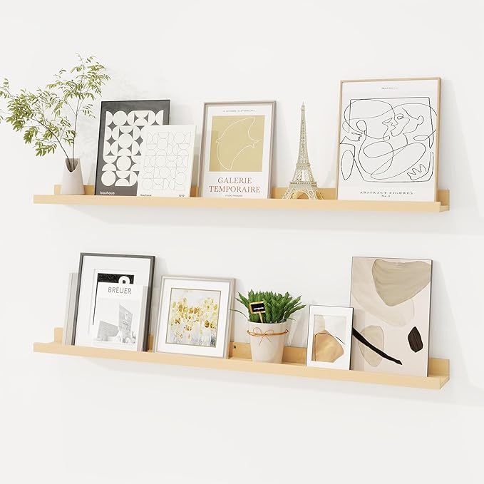 Picture Ledge Shelf, Solid Pine Wood Floating Shelves Set of 2, 32 Inches Nursery Book Shelves for Toys Storage, Kids Bookshelf Wall Mounted for Living Room Decor Photo Frames, Unfinished Natural