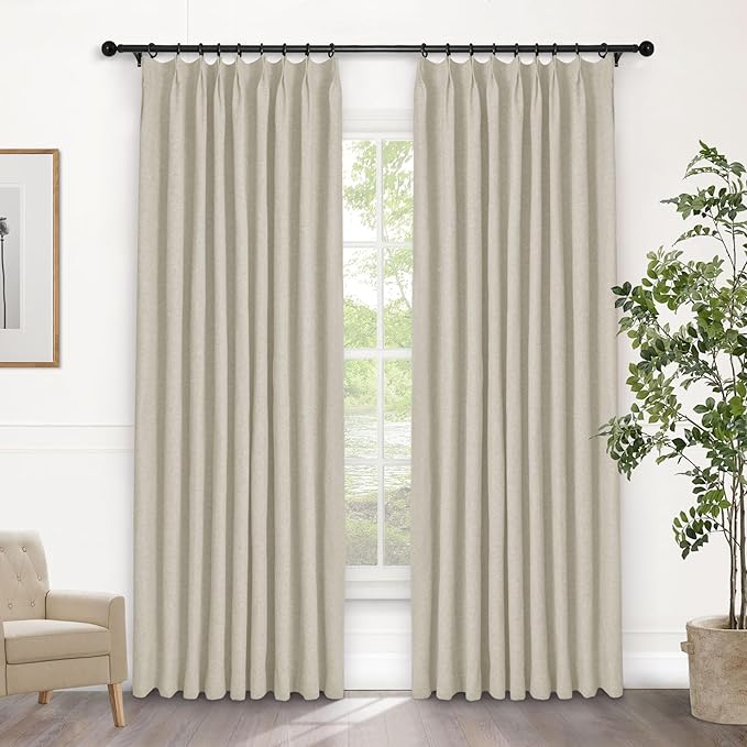 Macochico Pinch Pleated Blackout Linen Curtains 96 Inches Long 100% Light Blocking Burlap Curtains for Bedroom Living Room Thermal Window Panels with Tieback 72”Wx96”L Ivory White 1 Panel