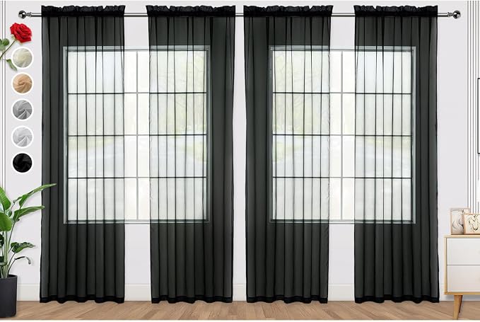 SpaceDresser Black Sheer Curtains 4 Panels Rod Pocket Semi-Sheer Curtain 108 by SpaceDresser