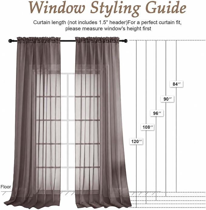 Chocolate Sheer Curtains 72 Inches Long 2 Panels Set, Light Filtering Sheer - Image 2
