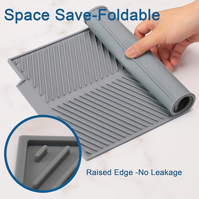 Silicone Dish Drying Mat for Kitchen Counter, 15''x 10'' Drying Mat with Drain Lip, Non-Slip Dish Drainer Mats with Built-in Drain, Heat Resistant Drain Pad on Countertop, Gray