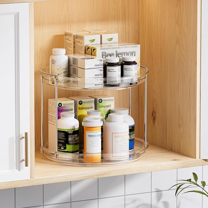 LAMU 2 Pack 10.6'' 2-Tier Lazy Susan Turntable Organizer Rotating Spice Rack Organization for Cabinet, Kitchen, Pantry, Countertop, Bathroom, Vanity, Makeup Organizer, Clear
