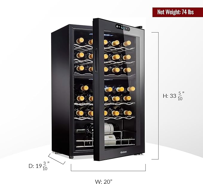 Wine Enthusiast 32-Bottle Dual Zone MAX Compressor Wine Cooler – Freestanding Mini Fridge with Digital Touchscreen, LED Display, Split Storage for Red & White Wines, Matte Black Refrigerator Home Bar
