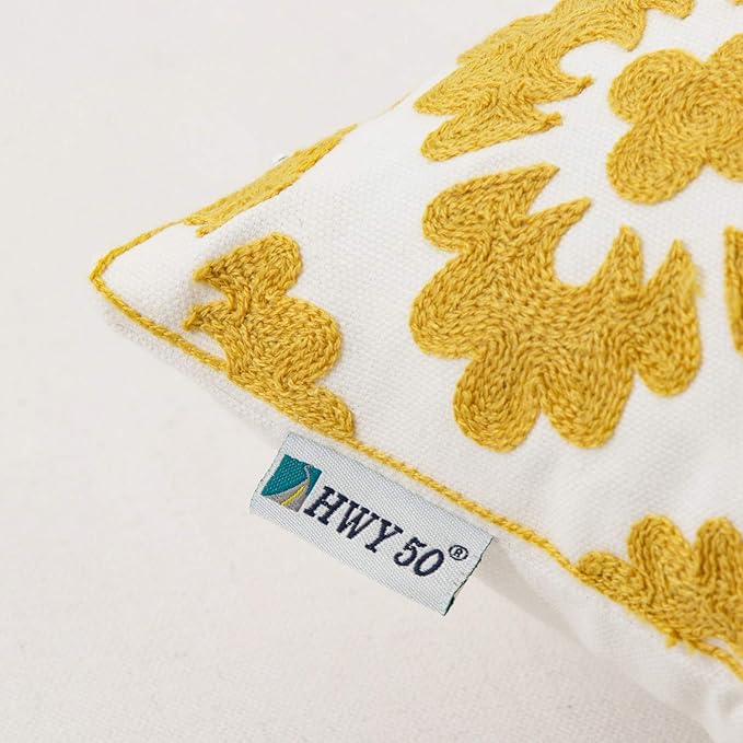 HWY 50 Mustard Yellow Decorative Throw Pillow Covers 18x18 Inch, Pack of 2 Embroidered Cotton Farmhouse Cushion Cover Pillow Case for Sofa Couch Living Room Bed Bedroon, Geometric Diamond Floral