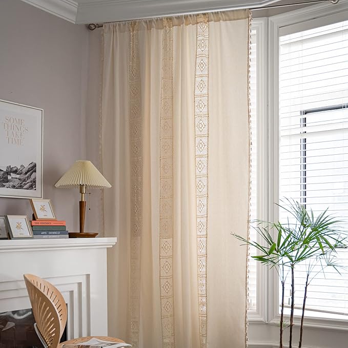 Sutuo Home Boho Curtain Crochet Lace Patchwork Semi-Blackout Bohemian Handmade Tassels, Rod Pocket Window Treatment Vintage Rustic Farmhouse Drapes for Bedroom, 1 Panel 59" W x 96" L, Beige