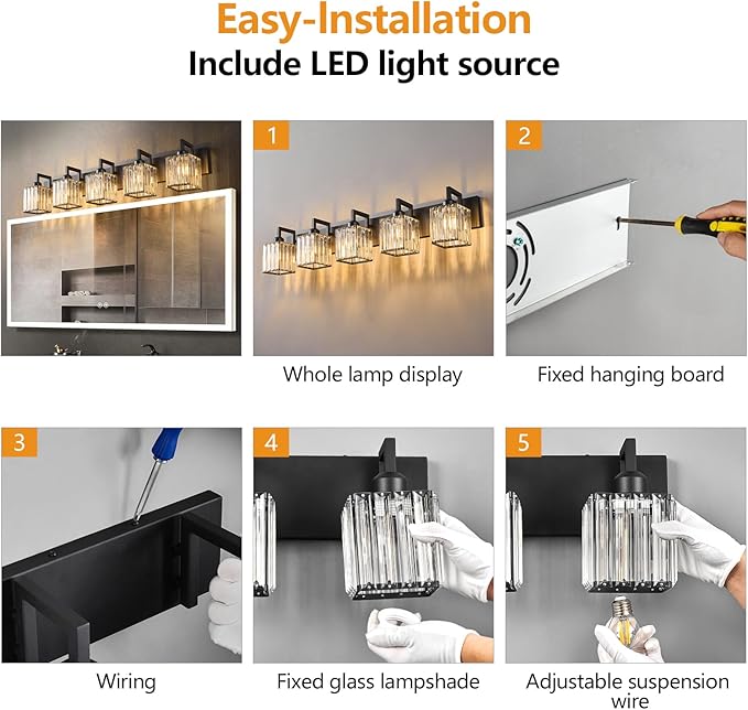 Modern Crystal Bathroom Vanity Light - 5-Lights Black Modern Crystal Wall Lamp for Bathroom Vanity Lighting