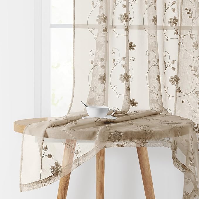 HOMEIDEAS Taupe Sheer Curtains 84 Inches Long 2 Panels Beige Embroidered Floral by HOMEIDEAS