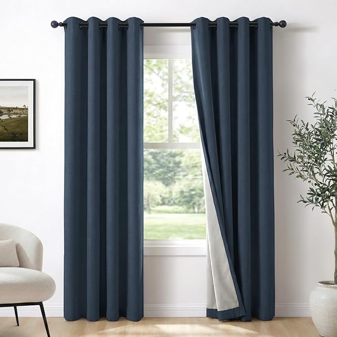 100% Blackout Linen Textured Curtains 63 Inch Long, Light Blocking, Thermal by 100BlackoutShield