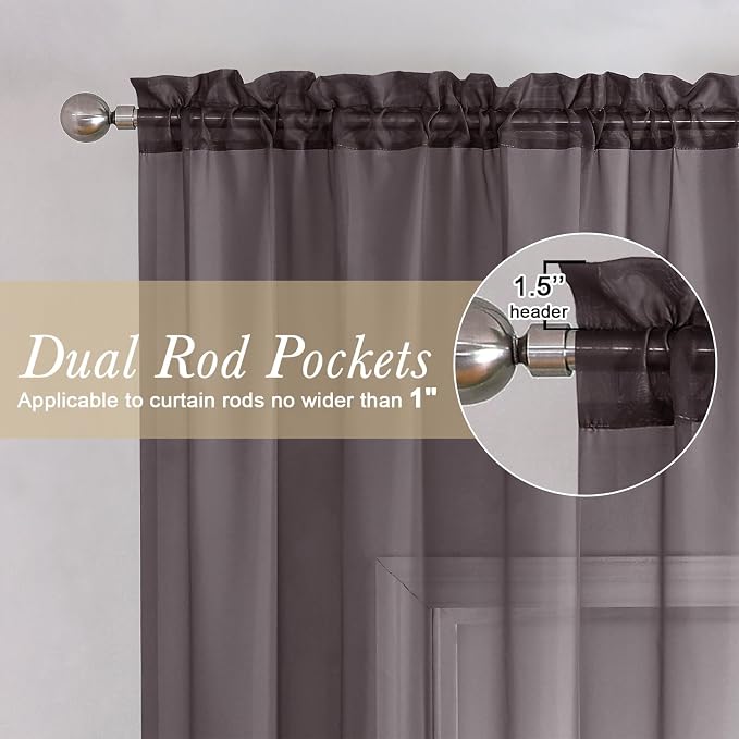 Chocolate Sheer Curtains 54 Inch Length 2 Panels, Voile Curtains - Image 2