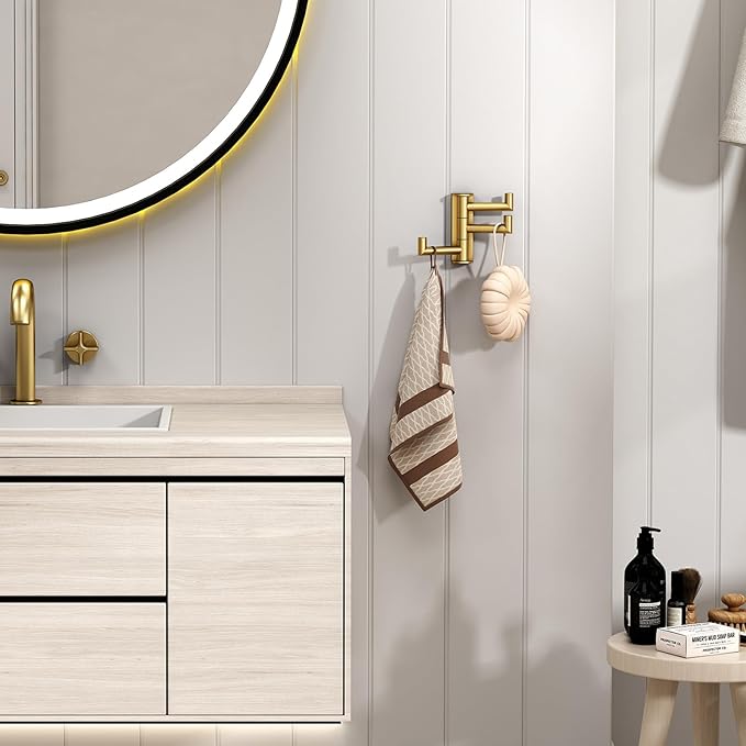 Angle Simple 3 Arms Towel Hook Brushed Gold, 304 Stainless Steel Swivel Triple Towel Holder, Folding Bathroom Hook, Wall Mount