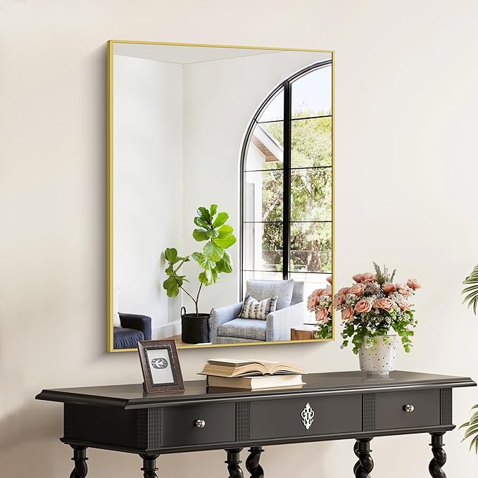 Gold Bathroom Mirror for Wall, 30x36 Inch Rectangle with Metal Frame, Modern Vanity for Bathroom Living Room, Entryway Hangs Horizontal or Vertical