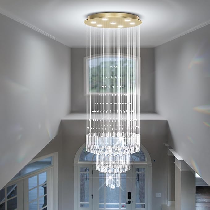 Flashing God D24''XH86'' Modern Foyer Chandelier for High Ceiling Raindrop Crystal Chandelier High Ceiling Pendant Light Fixture for Hallway Living Room (Gold Staircase Chandeliers)