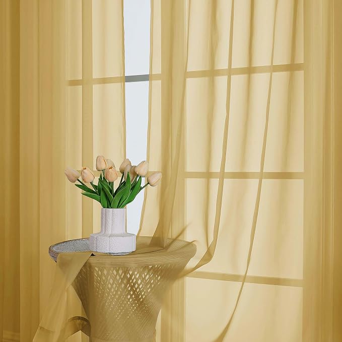 Chyhomenyc Gold Sheer Curtains 63 Inches Long 2 Panels, Light Filtering Bright - Image 2