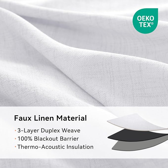 100% Blackout Linen Textured Curtains 80 Inch Long, Bright White | 100% - Image 4