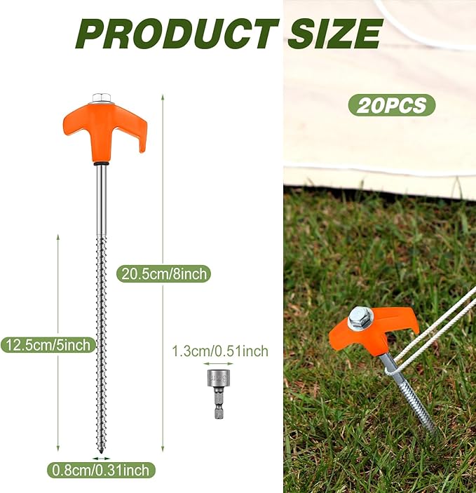Hicarer 20 Pcs 20 Pcs 8'' Screw in Tent Stakes Heavy Duty Ground Metal Stakes for Inflatables with Hex Head Driver for Outdoor Camping Tent Inflatable Garden Decor (Orange)