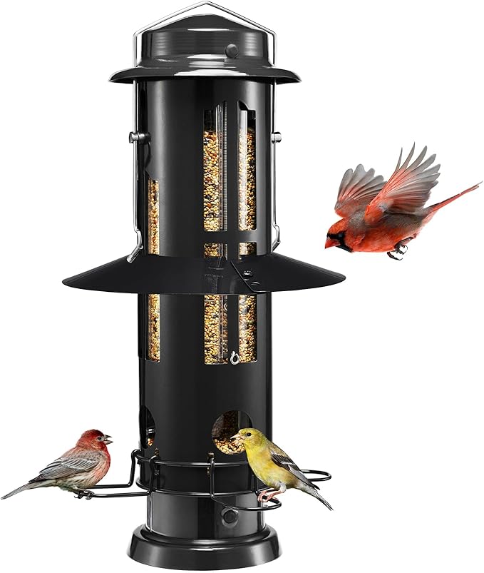 Kingsyard Squirrel Proof Bird Feeder with Removable Base, All Metal, Tube Bird Feeders for Outdoors Hanging, Easy to Clean & Refill, Black