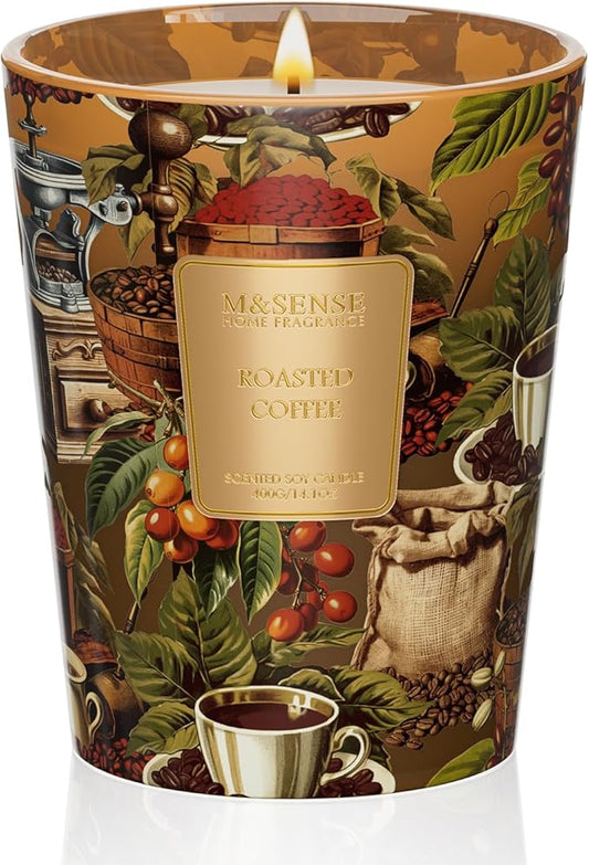 M&SENSE Roasted Coffee Scented Candle, Soy Natural Wax Candles, 14.1oz 60H Burn Time Slow Burning, Stress Relief Home Fragrance Housewarming Gifts