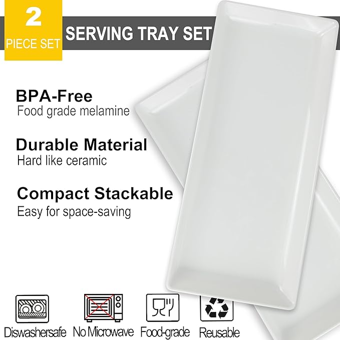 Long Melemine Serving Tray, 17.3x8x1.5 in Serving Platters and Trays for Appetizer, Charcuterie, Bread, Fruit, Dessert, Set of 2, White