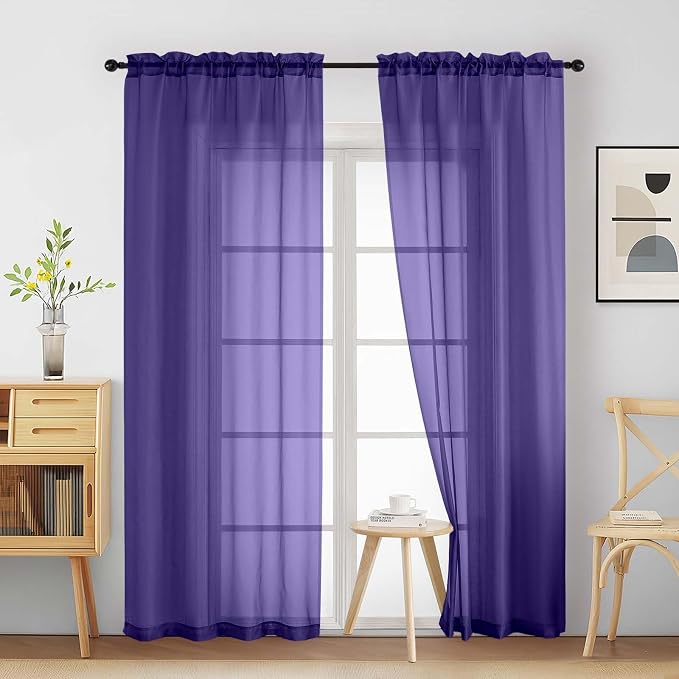 Purple Sheer Curtains 90 Inches Long 2 Panels, Light Filtering Solid Sheer by Home