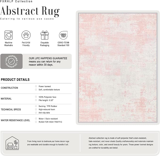 2.6x14 Washable Runner Rug:Modern Abstract Soft Carpet Pink White | - Image 3