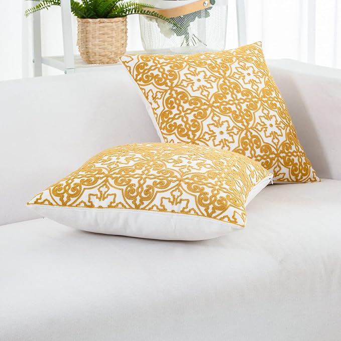 HWY 50 Mustard Yellow Decorative Throw Pillow Covers 18x18 Inch, Pack of 2 Embroidered Cotton Farmhouse Cushion Cover Pillow Case for Sofa Couch Living Room Bed Bedroon, Modern Pattern