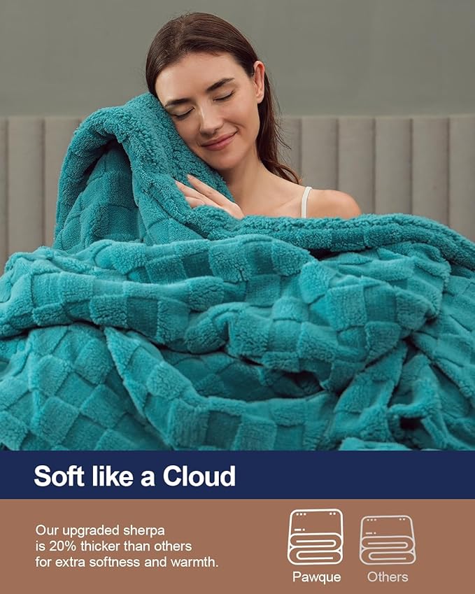 Pawque Super Soft Cozy Throw Blanket Twin Size for Couch Bed, Fluffy Sherpa Fleece Reversible Thick Warm Fuzzy Blanket for All-Season, 3D Checkered Jacquard Decorative Blankets, Teal Green, 60" x 80"