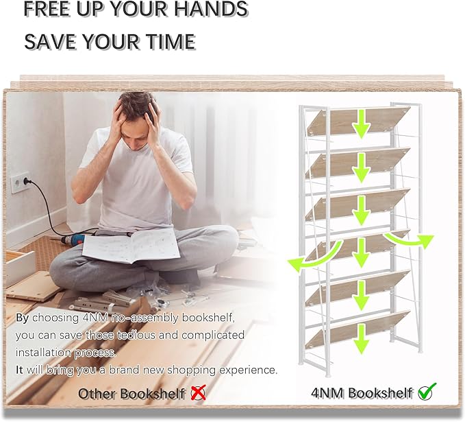 4NM No Assembly Foldable Bookshelf, 6-Shelf Collapsible Bookcase Storage for Small Spaces, 74" H, Natural White