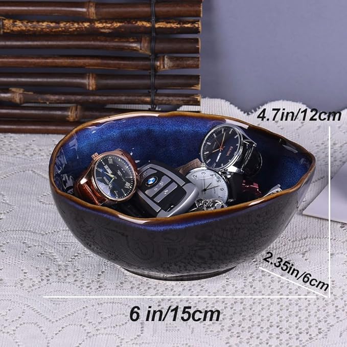 6" Blue Ceramic Decorative Bowl, Entryway Table Decor Pottery Key Bowl, Candy Dish, Salad Bowl, Blue Decor Small Jewelry Trinket Dish for Bedroom, Centerpiece, Bedside Table, Living Room Decor