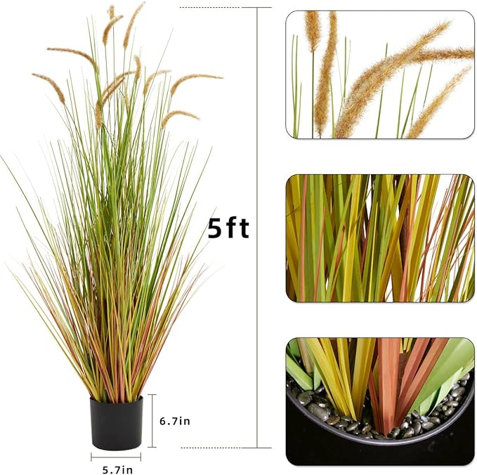 KOL Artificial 5ft 2-Pack Horsetail Reed Grass, 59in Tall Artificial Indoor Outdoor Fake Grass Plant, Home Office Décor Artificial Plants in Pot Faux Plant Greenery, Wedding Decor - Yellow