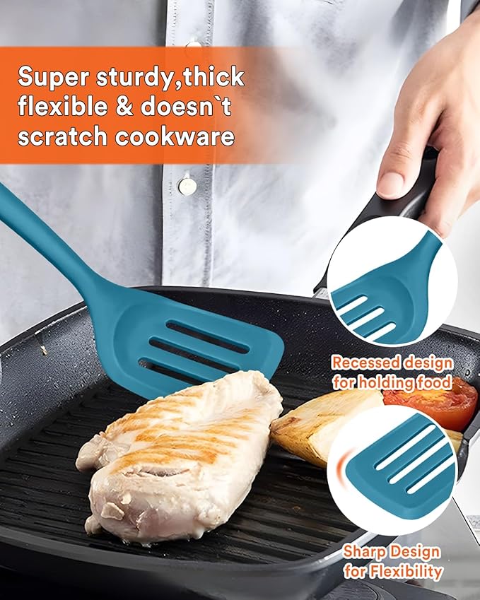 Kitchen Utensils Set, 13PCS Silicone Cooking Utensils, Heat Resistant Kitchen Utensil Spatula Set for Nonstick Cookware, Wooden Handles Kitchen Gadgets Tools Set (BLUE)