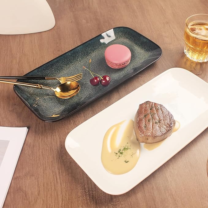 Serving Platters Set of 4, Rectangular Serving Plates, Serving Trays for Entertaining Party, Microwave,Oven,Dishwasher Safe,Kitchen Dinnerware, Blue reactive glaze 12.7 Inch